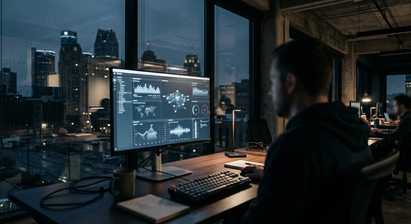 A workstation in a Detroit office displaying network diagnostic maps on a monitor with city buildings in the background.