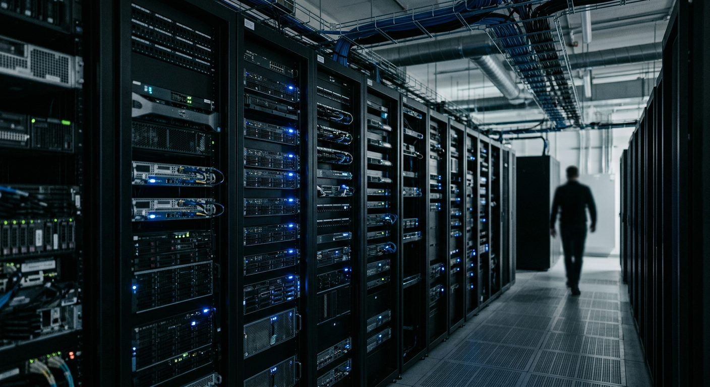 Modern enterprise server rack in a secure data closet with cabling and status indicators.