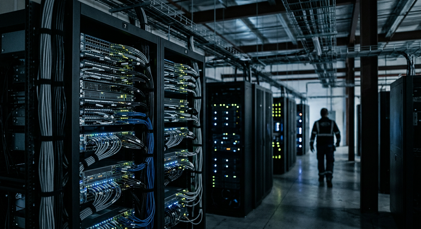 Enterprise server rack with blue network activity lights in a modern data environment