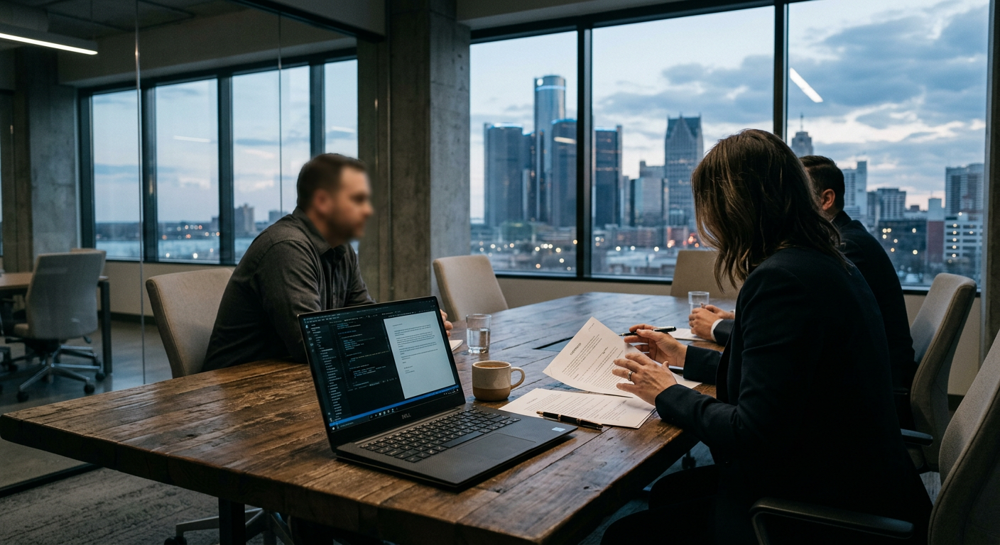 A meeting table in a Detroit office with technical review documents and a laptop overlooking the downtown skyline.