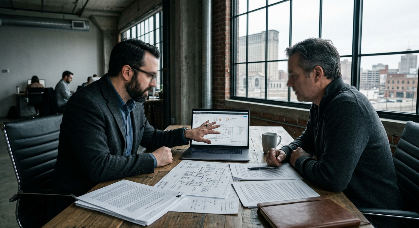 IT consultant reviewing network documentation with a business leader in a Detroit office