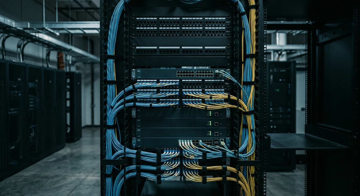 Clean telecommunications server rack with fiber optic patch cables in a commercial office facility.