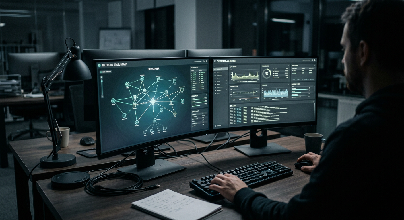 Modern IT workstation showing cybersecurity monitoring dashboards on dual monitors