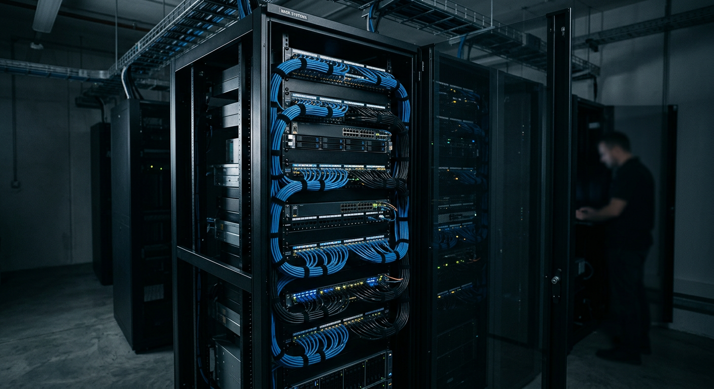 Organized server rack and network switches in a secure IT equipment room