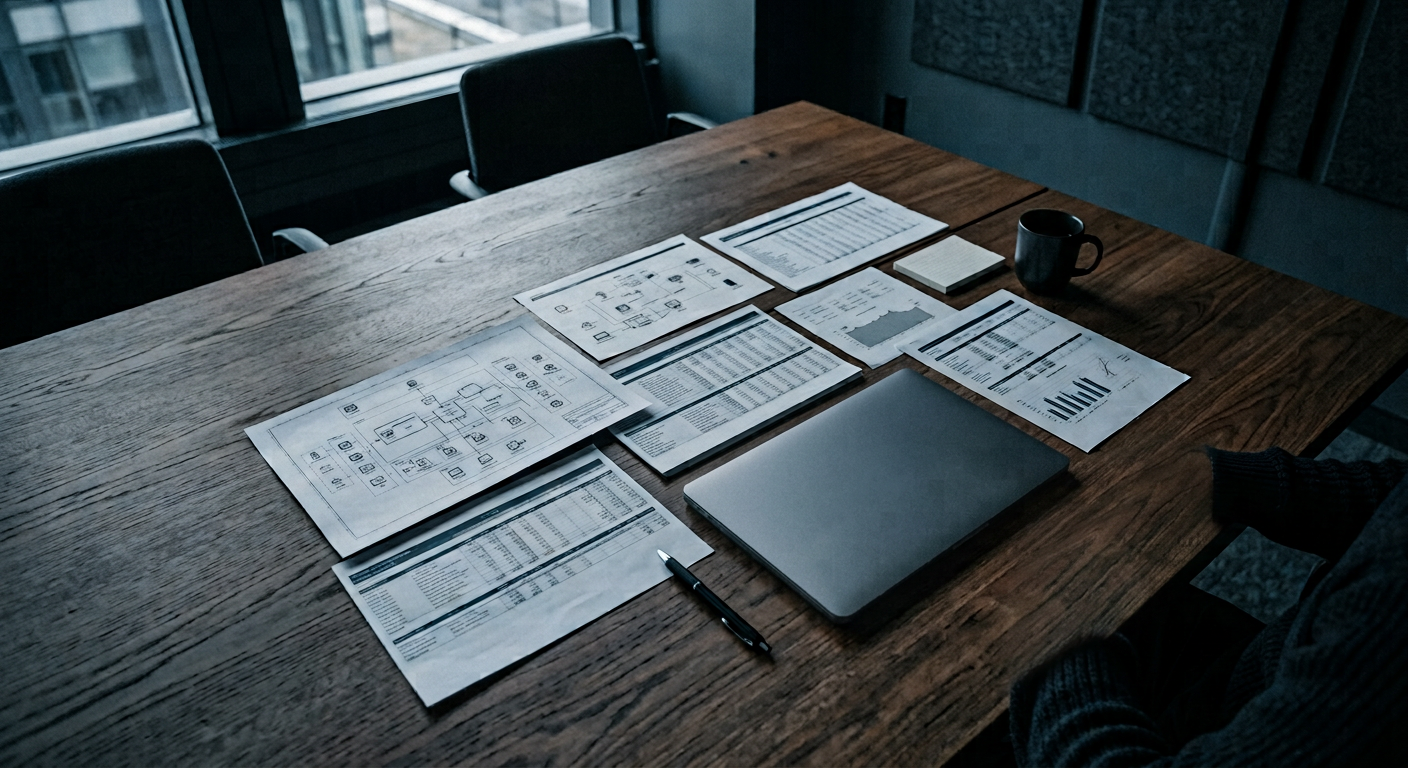 IT contract documents, spreadsheets, and technical architecture diagrams laid out on an executive conference table.