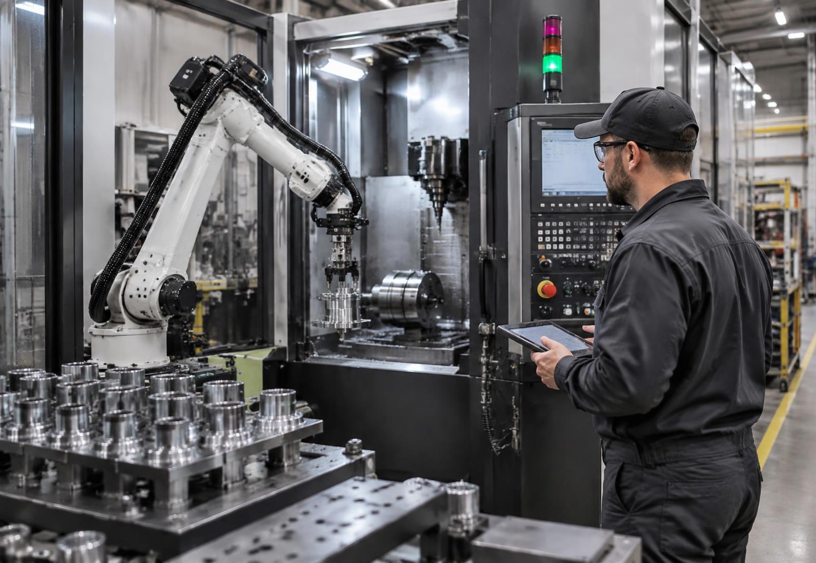 Manufacturing specialist reviewing an automated machining cell