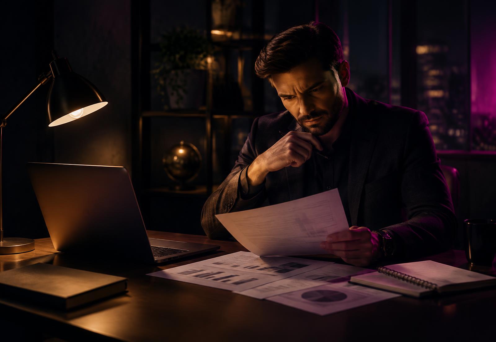 Advisor reviewing documents and a laptop at a desk